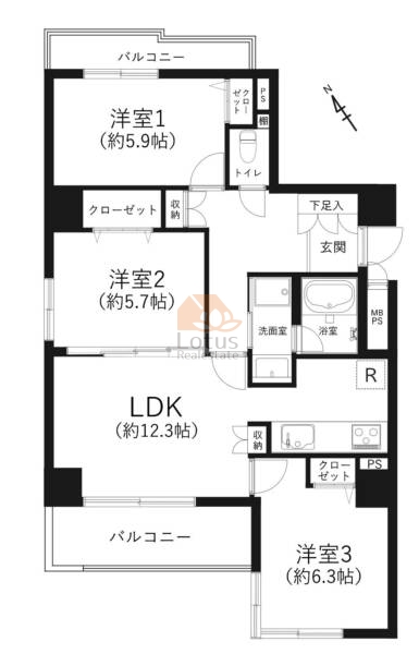 ユーハイツＫＡＳＡＩ501間取（3LDK）