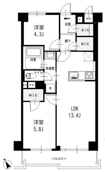 ライオンズマンション玉堤105間取（2LDK）